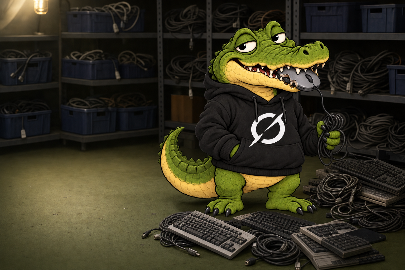 Grok Cror in a hoodie chewing a computer mouse in a storeroom of cables and keyboards
